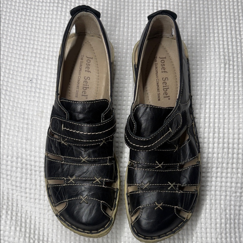 Josef Seibel Black and Tan Leather Sandals - Size 10